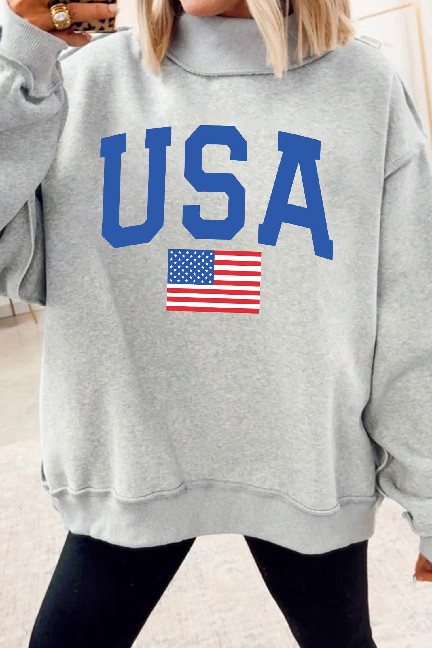 Light Grey Mock Neck Reversible USA/America Graphic Sweatshirt