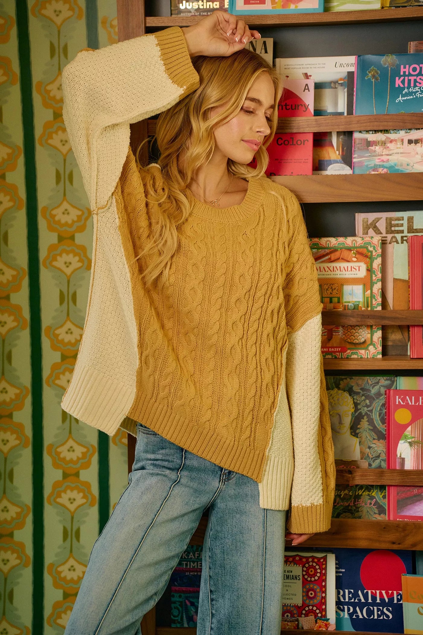 Cable Knit With Hacci Combo Sweater With Uneven Hem Detail