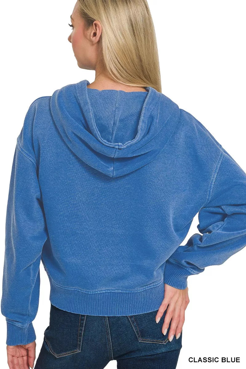 Fleece Pigment Dye Half Zip Kangaroo Pocket Hoodie
