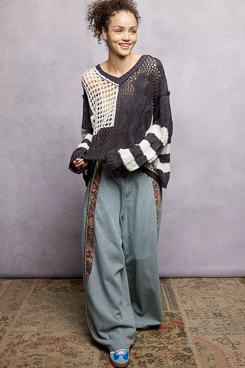 Color-Blocked Stripe Pattern Knit Top with Twisted Weave