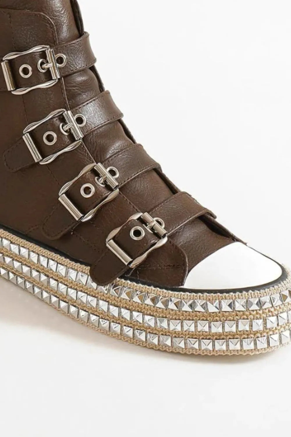 Fashion Multi-Buckle Straps Studded Platform Sneakers