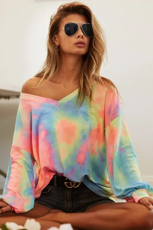 I am a Fashion Junky Tie Dye French Terry V Neck Top