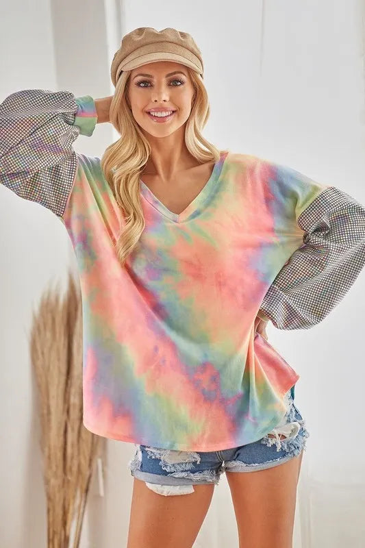 V Neck Tie Dye French Terry Top with Shiny