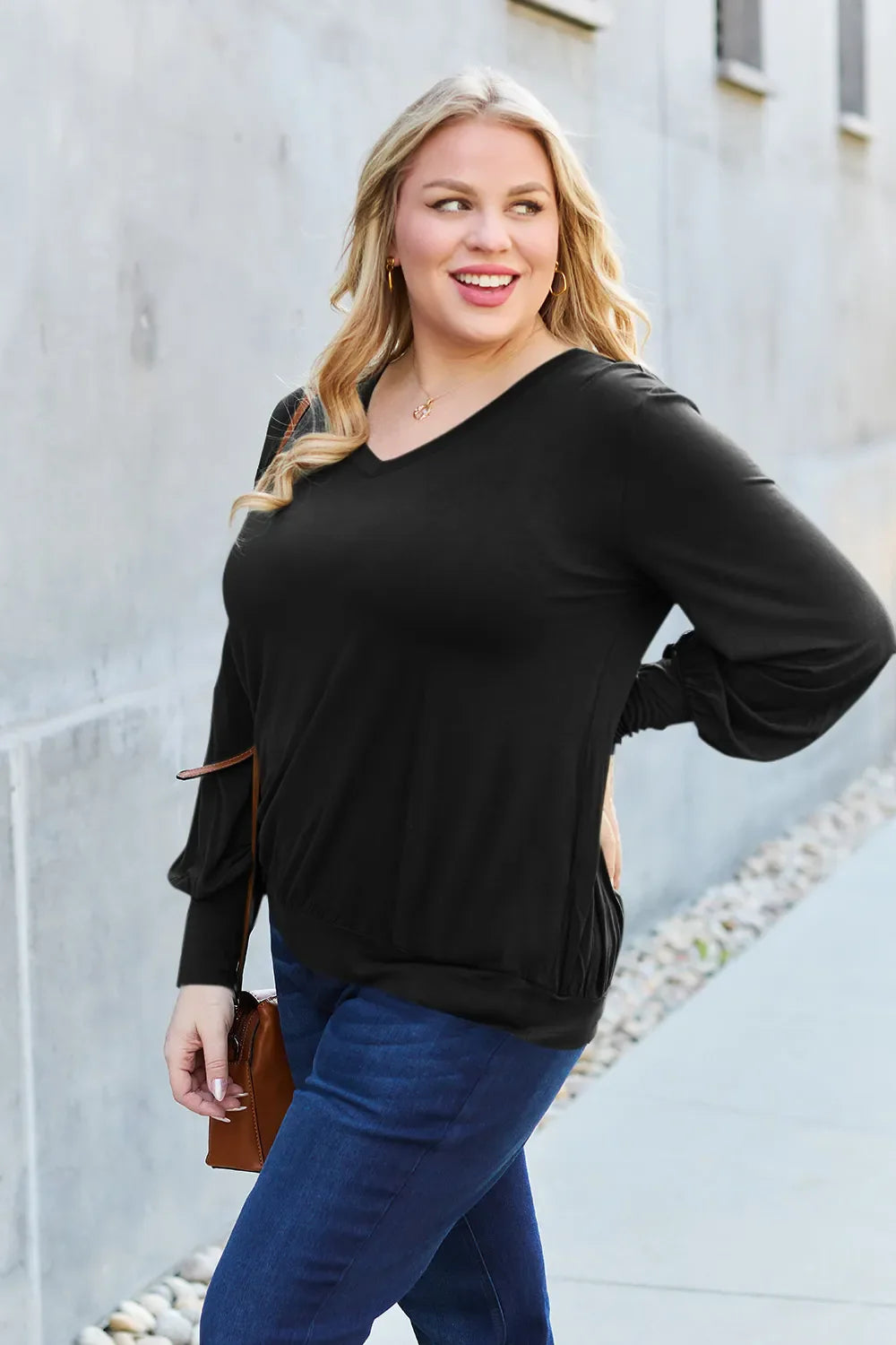 Full Size V-Neck Lantern Sleeve Top