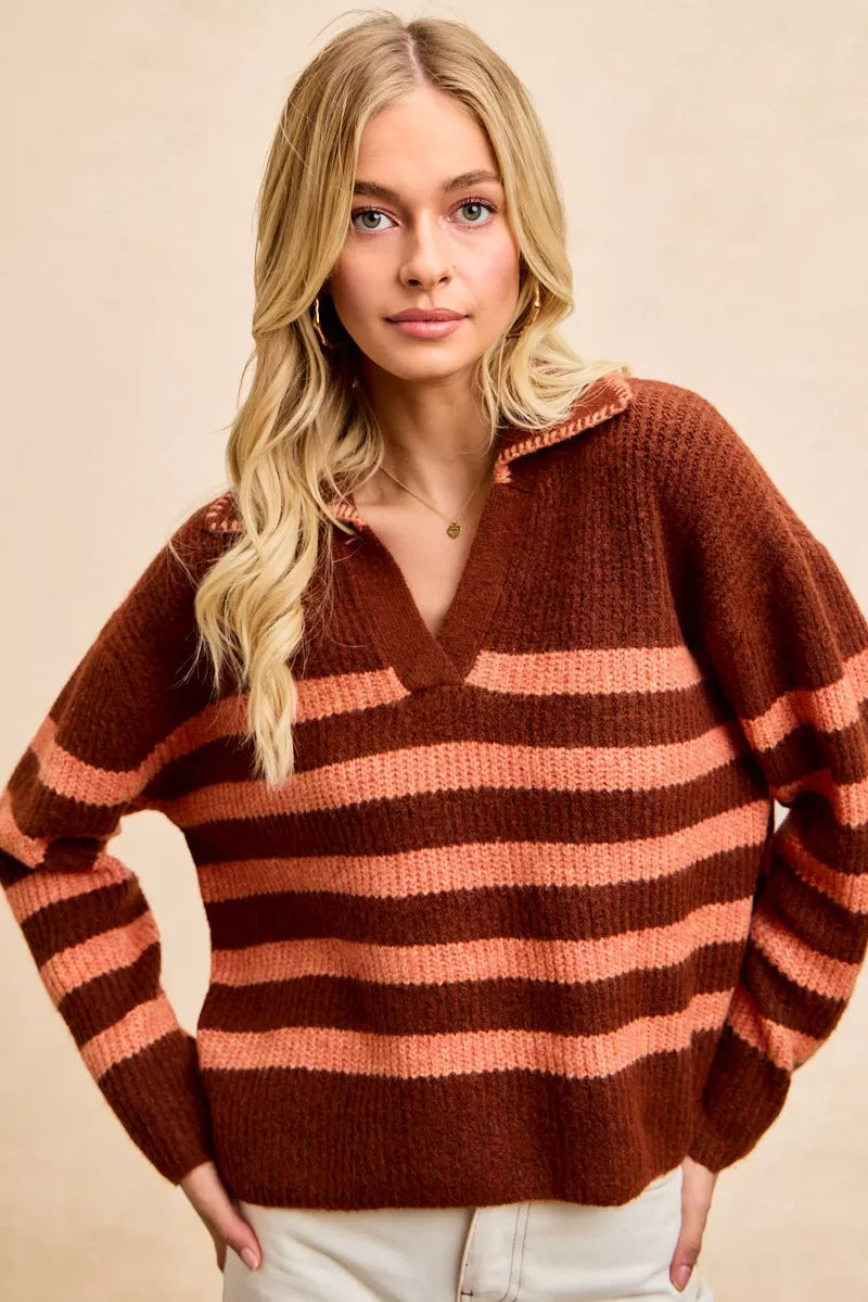 Striped Sweater Top with Collar Stitched Details