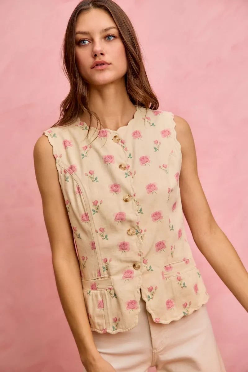 Floral Rose Cotton Twill Scallop Button Vest Top