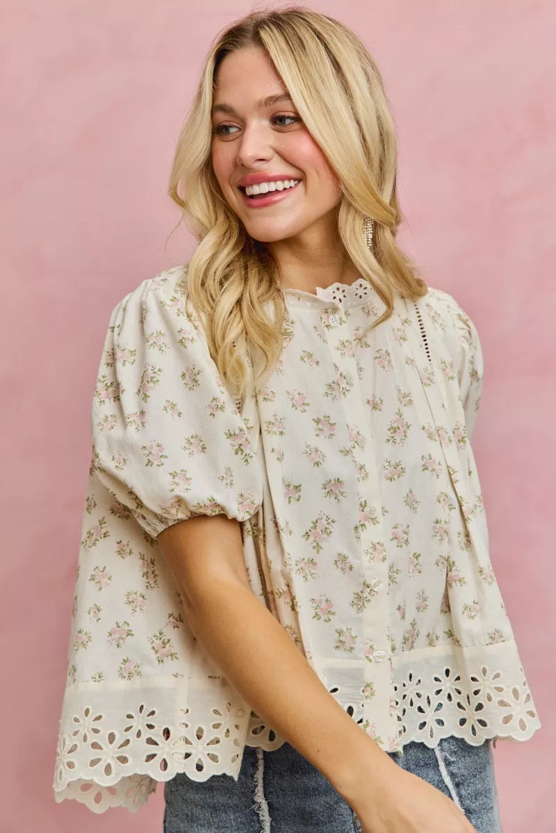Floral Print Lace Trim Short Sleeves Blouse