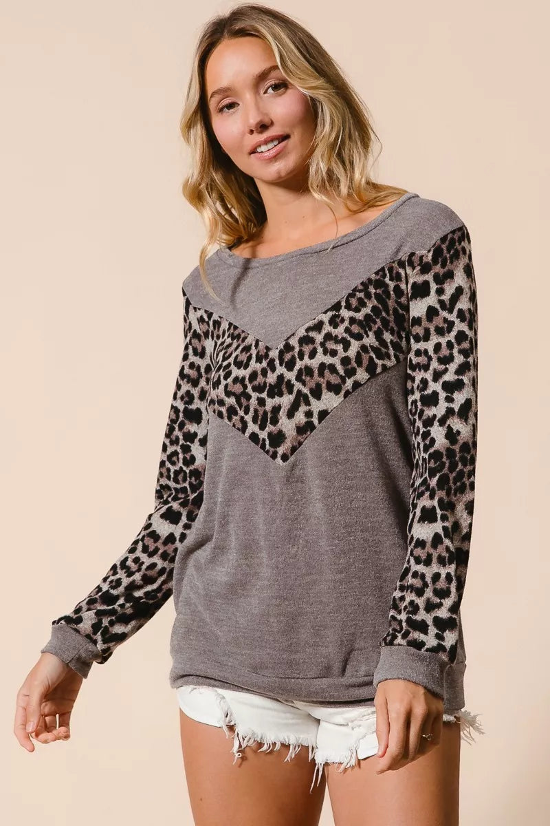 Sweater Knit Top With Leopard V Shape Block