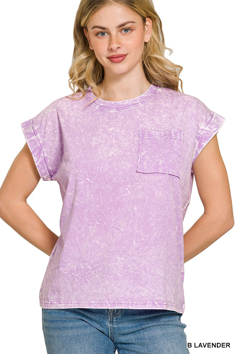 Zenana Full Size Crinkle Washed Round Neck Folded Short Sleeve Tee Plus Size