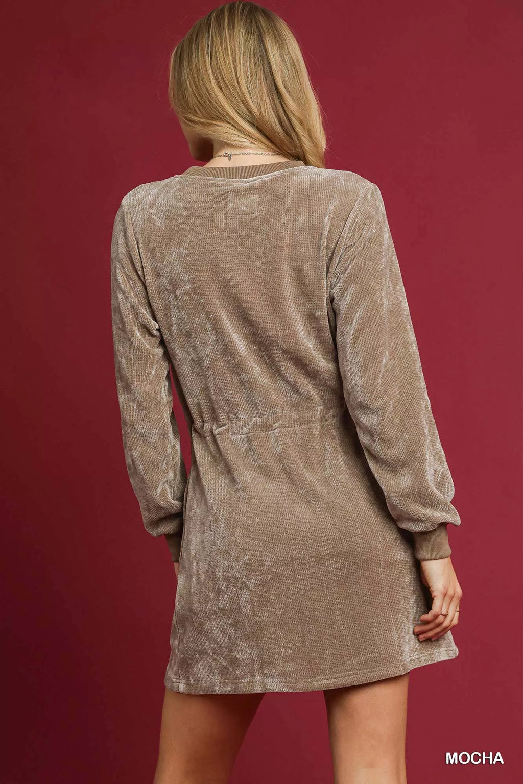 Velour Drawstring Mini Dress with Long Sleeves