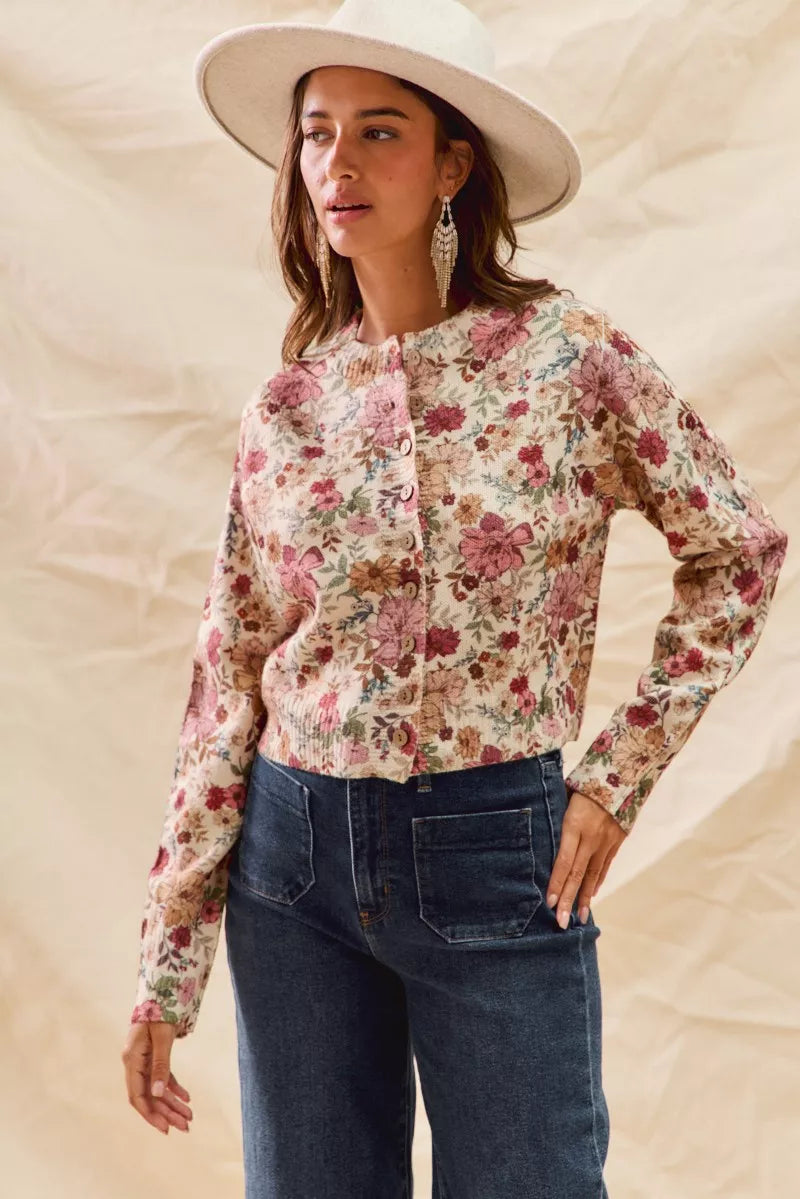 Floral Print Button Front Sweater Cardigan