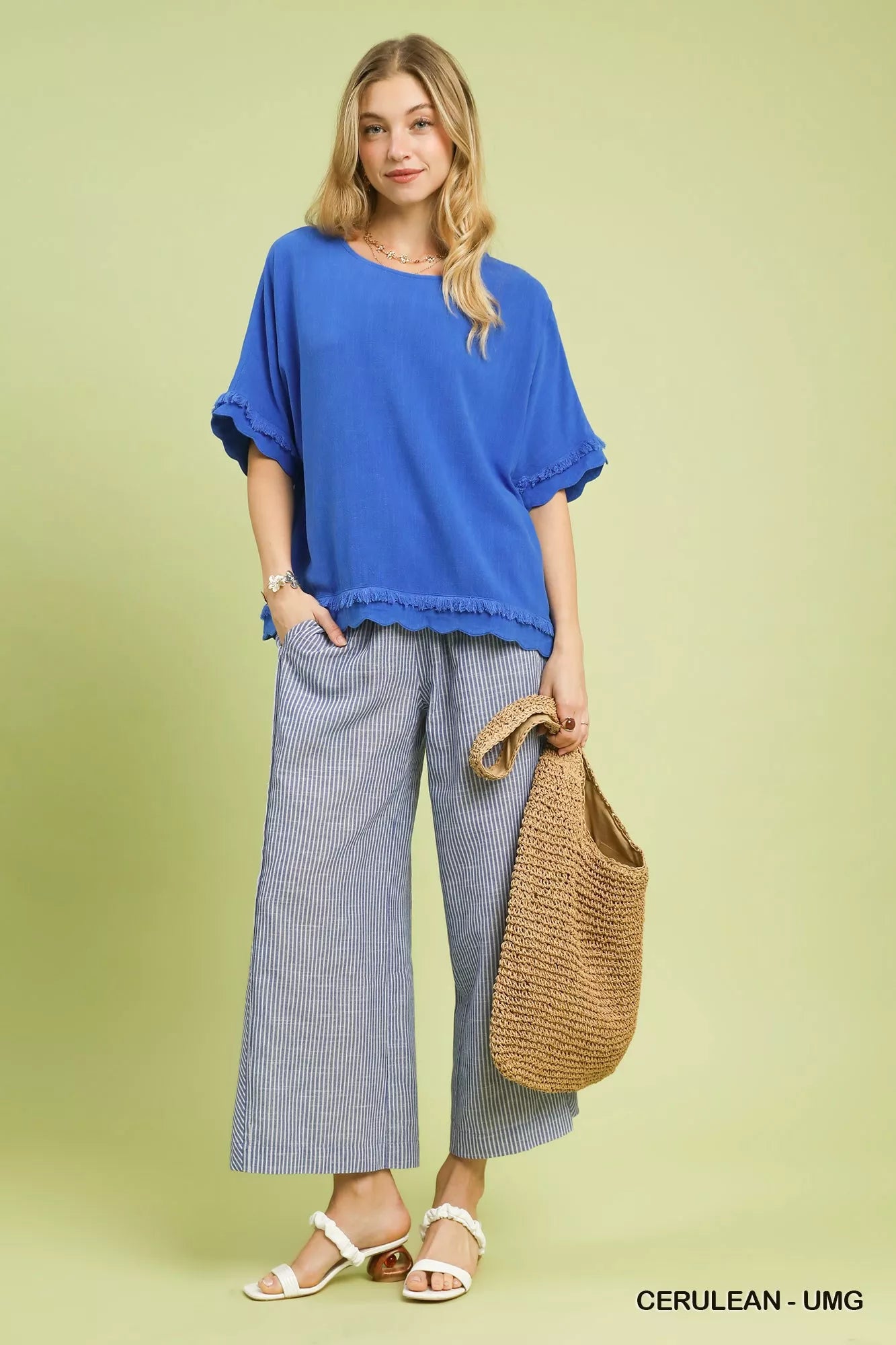 Linen Frayed Hem Scallop Edge Top