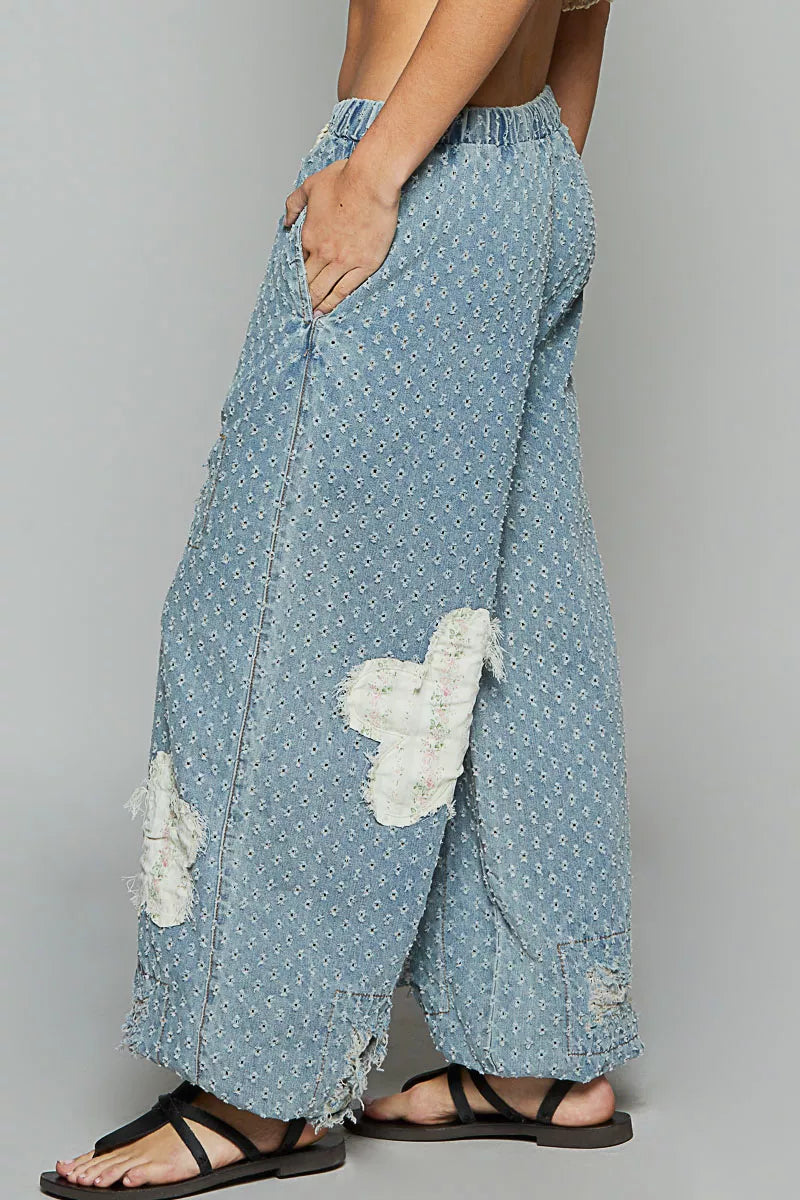 Floral Patch Washed Textured Twill Pants with Crochet See Thru Patch
