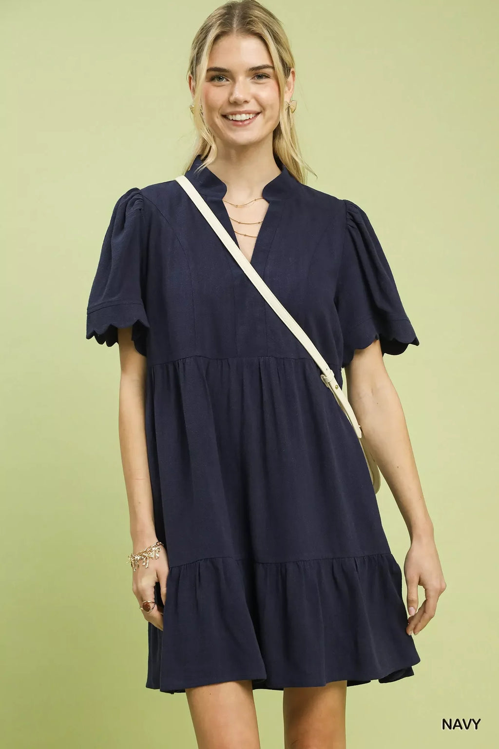 Linen Tiered Babydoll Dress with Scalloped Sleeves