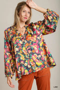 Full Size Satin Paisley Ruffle Neck Button-Up Shirt Plus Size