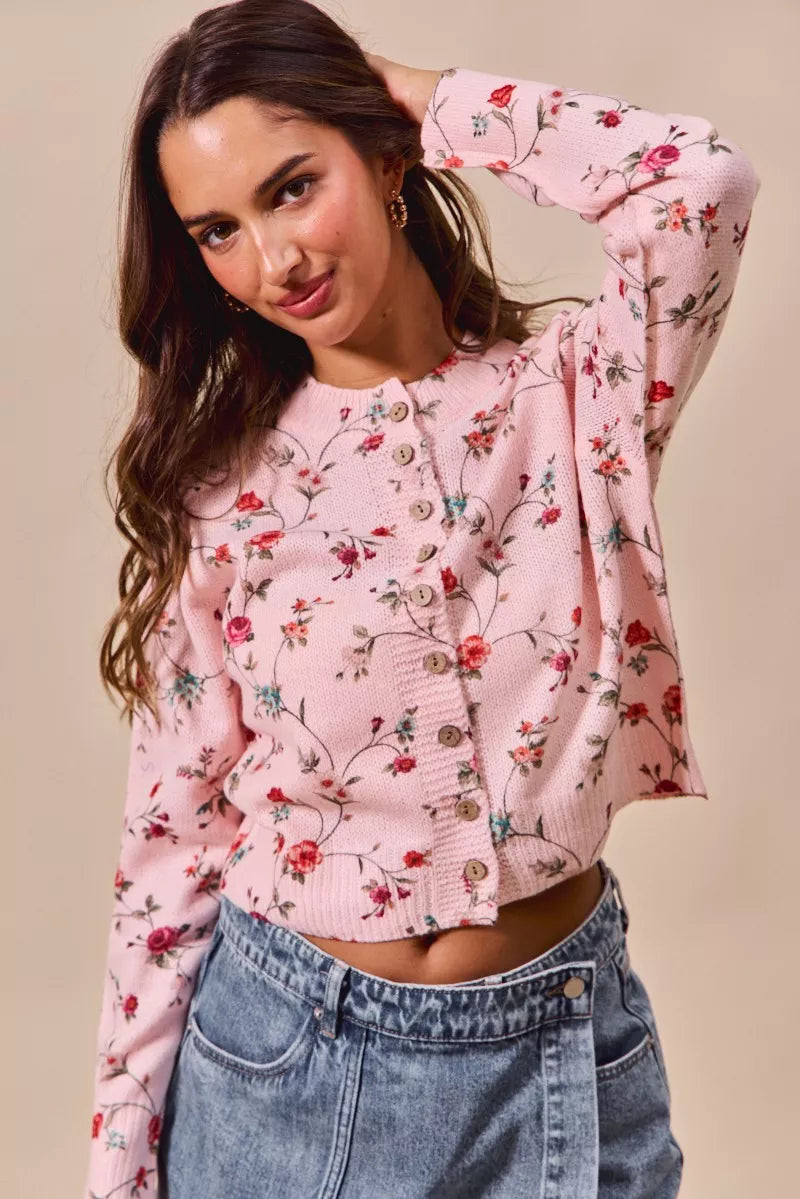 Floral Print Button Front Sweater Cardigan Top