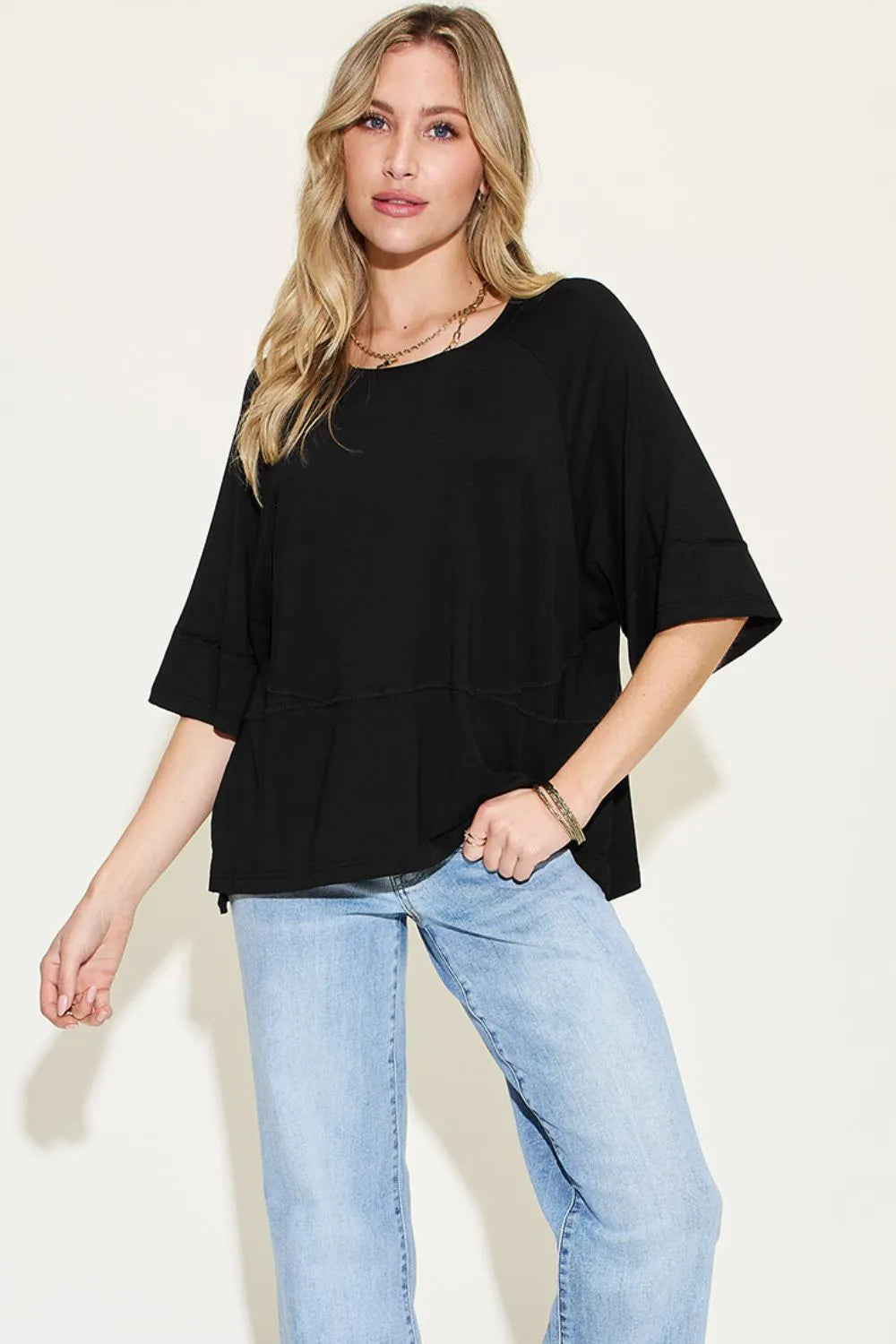Full Size Bamboo Round Neck Exposed Seam T-Shirt Plus Size