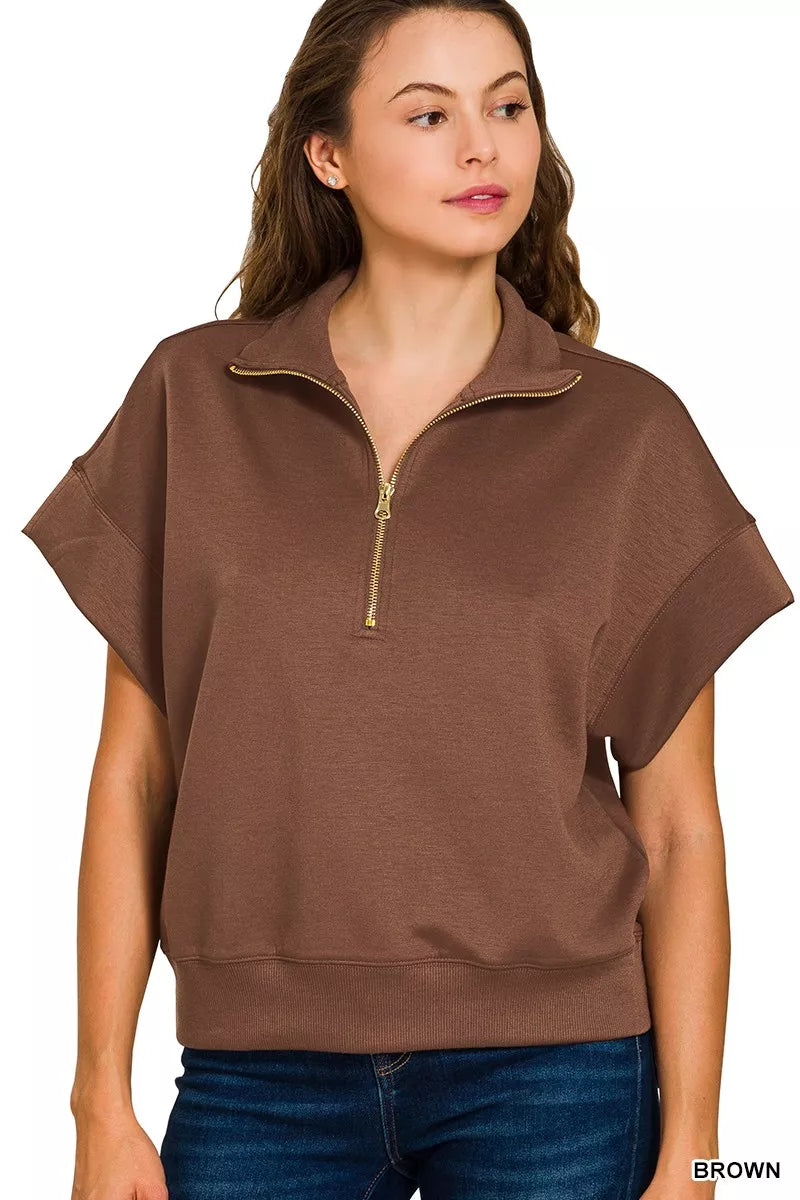 Full Size Scuba High Neck Half Zip Short Sleeve Top Plus Size
