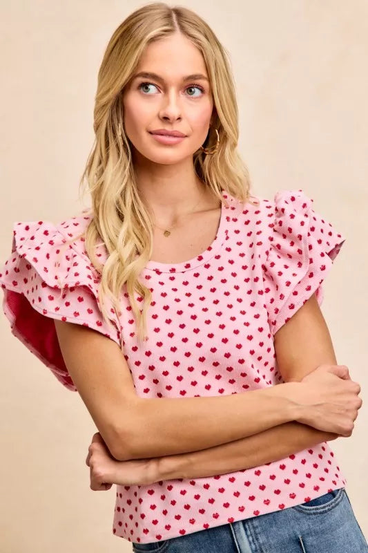 Heart Patterned Knit Ruffled Sleeves Top