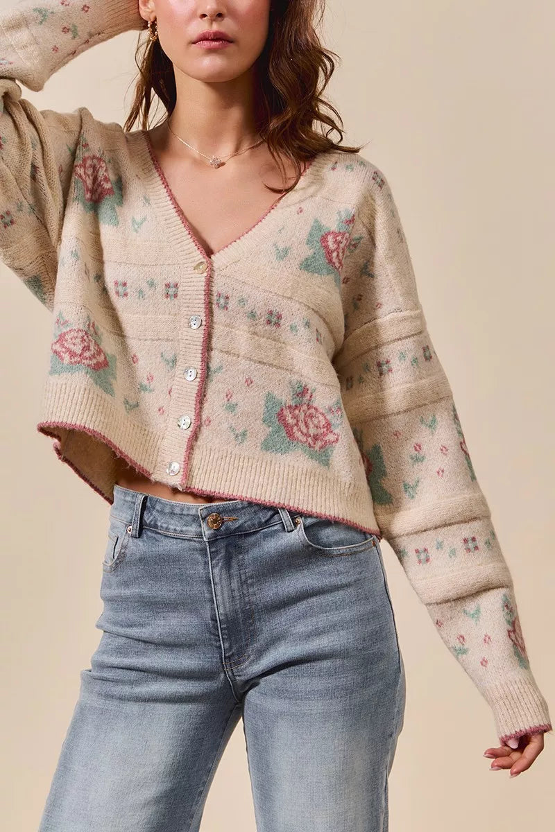 Floral Pattern Long Sleeve Button Sweater Cardigan