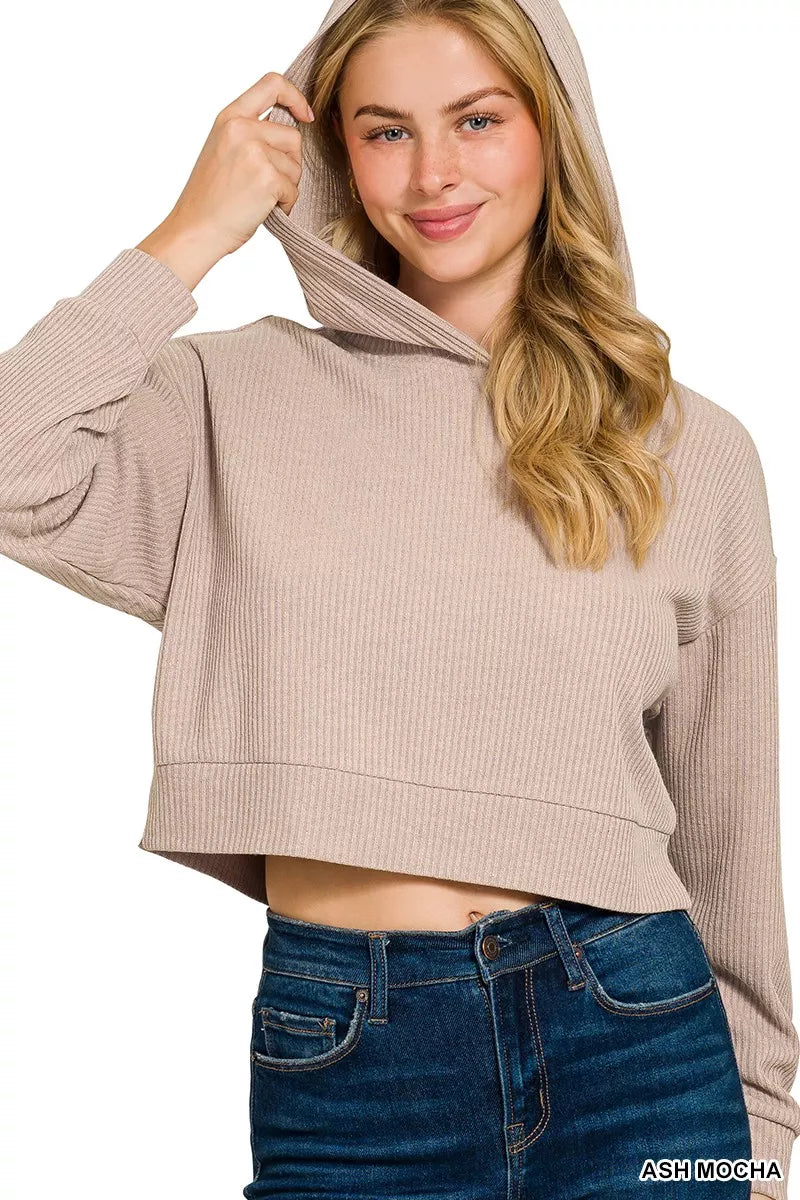 Drop Shoulder Ribbed Crop Hoodie