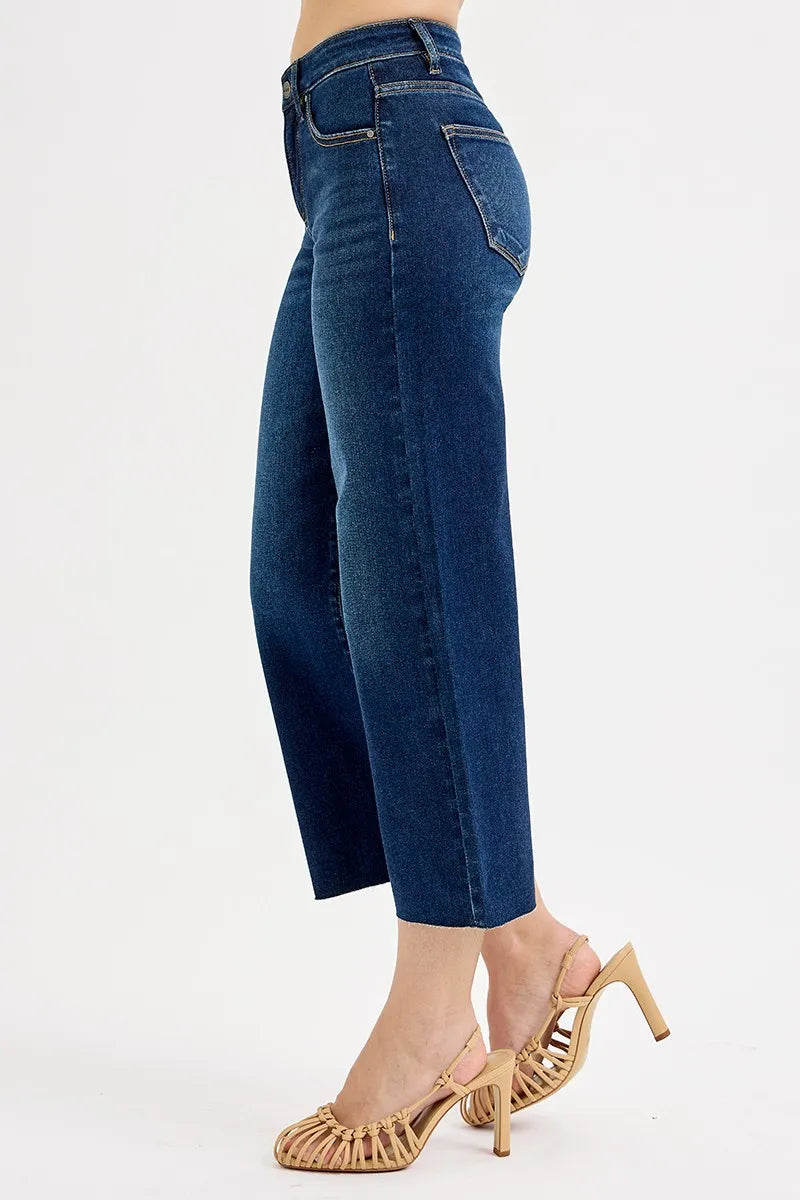 Full Size Tummy Control High Rise Crop Wide Jeans Plus Size