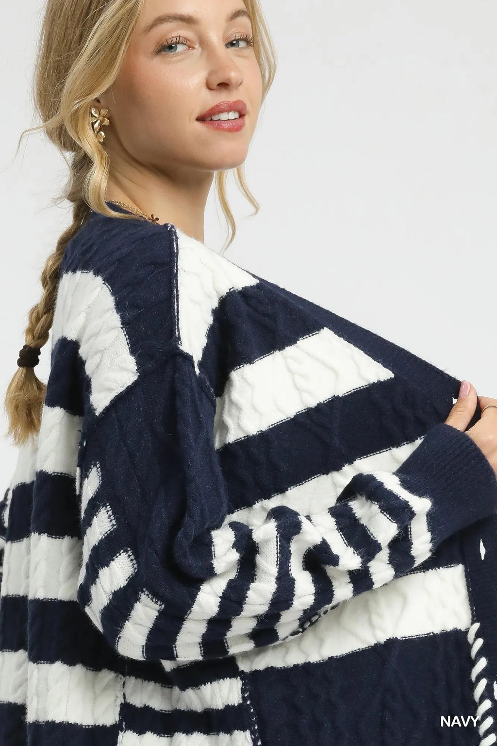 Cable-Knit Stripe Button-Up Cardigan