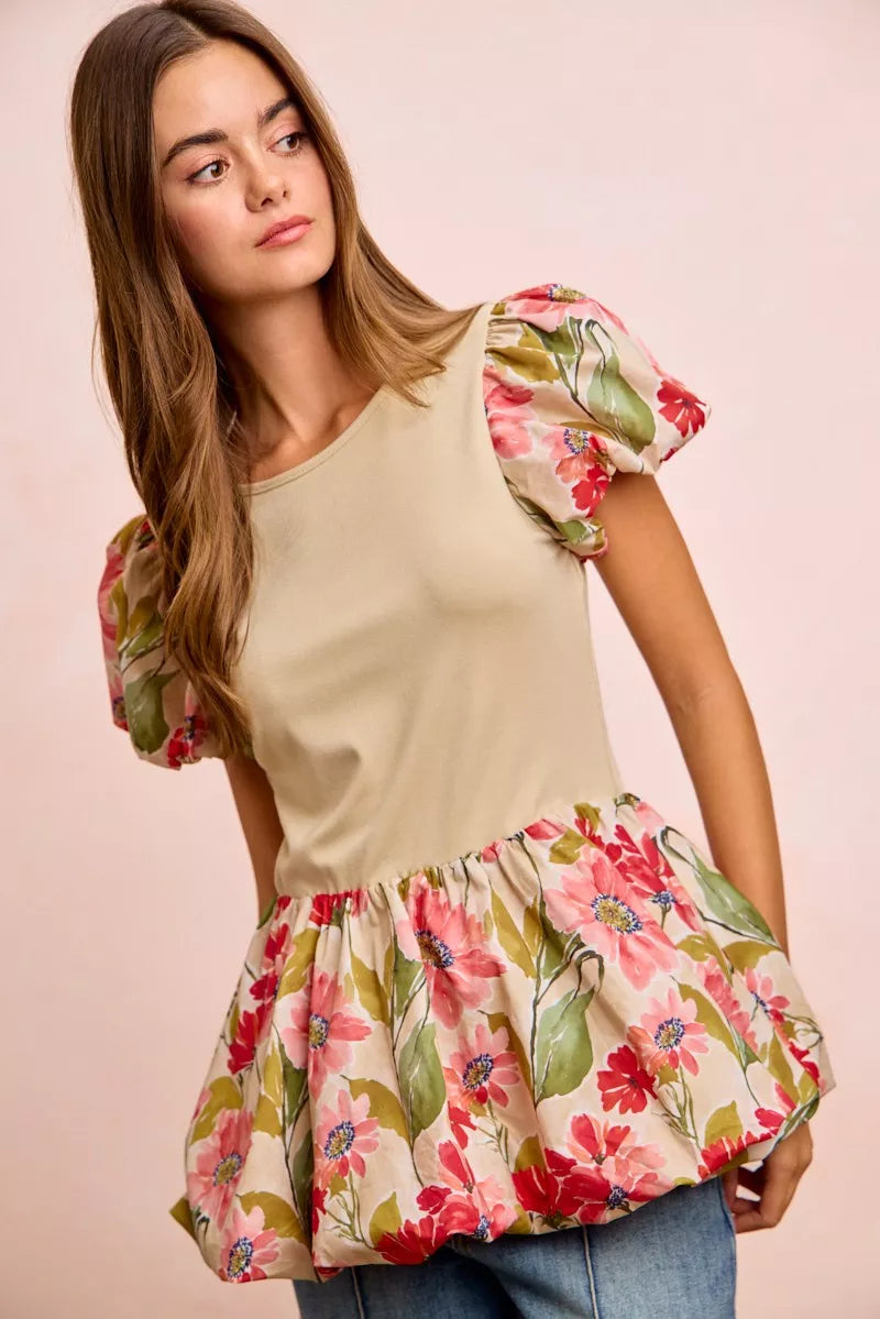 Floral Printed Bubble Sleeves and Hem Peplum Top