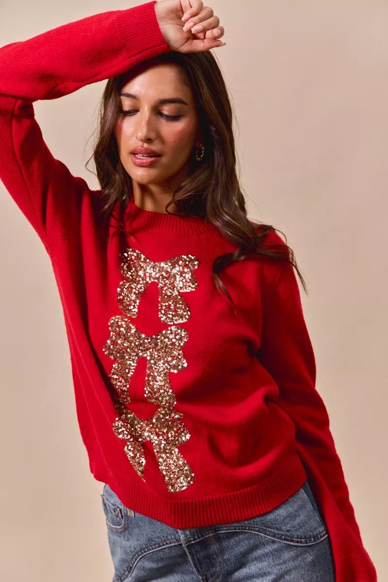 Sequins Bow Ribbon Embellished Christmas Sweater