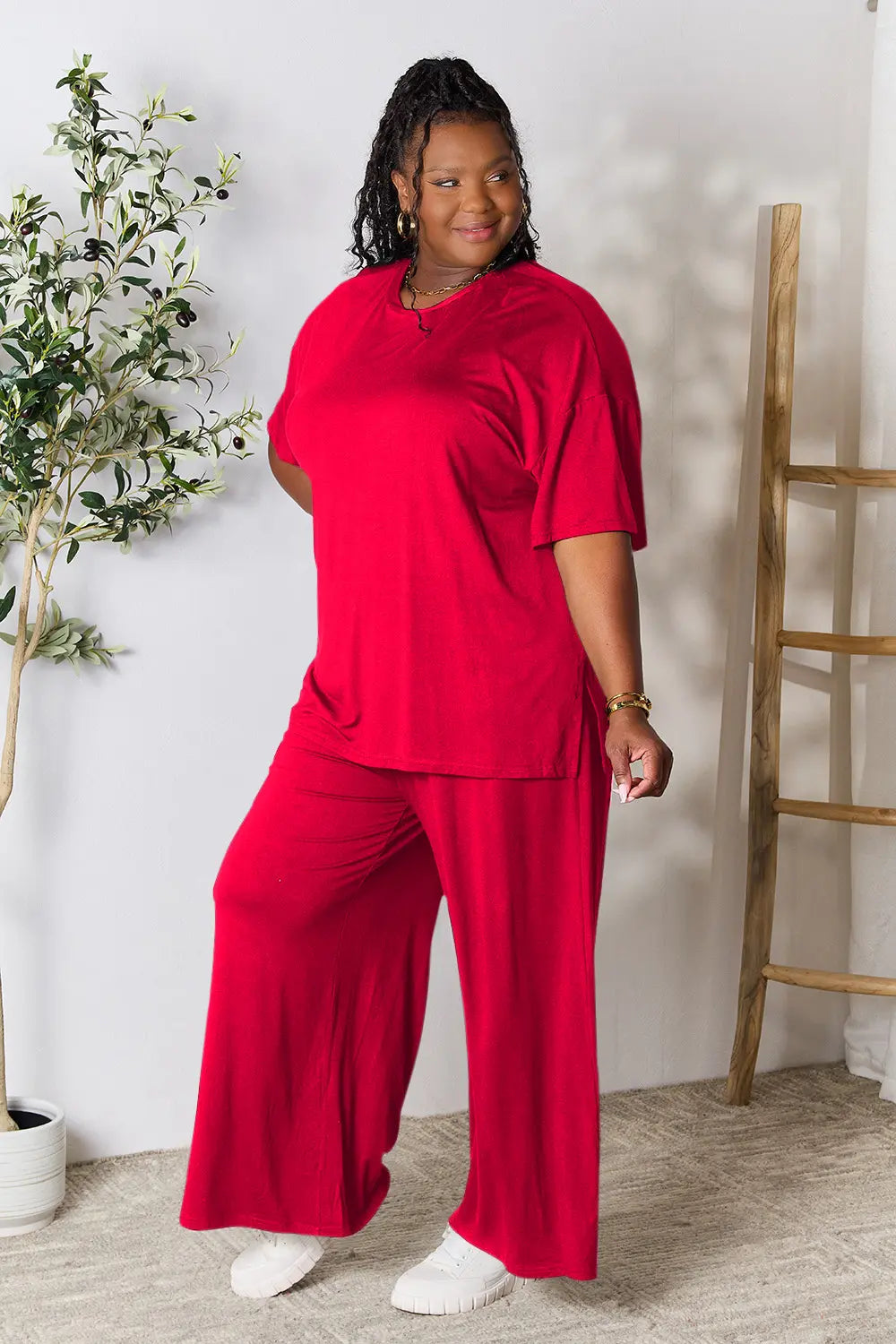 I am a Fashion Junky Full Size Round Neck Slit Top and Pants Set