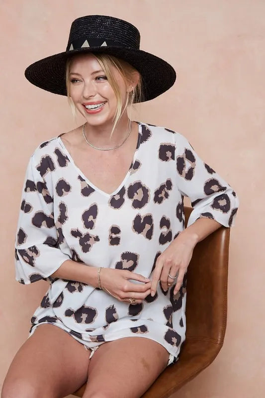 Leopard Printed V Neck Woven Top with Ruffled