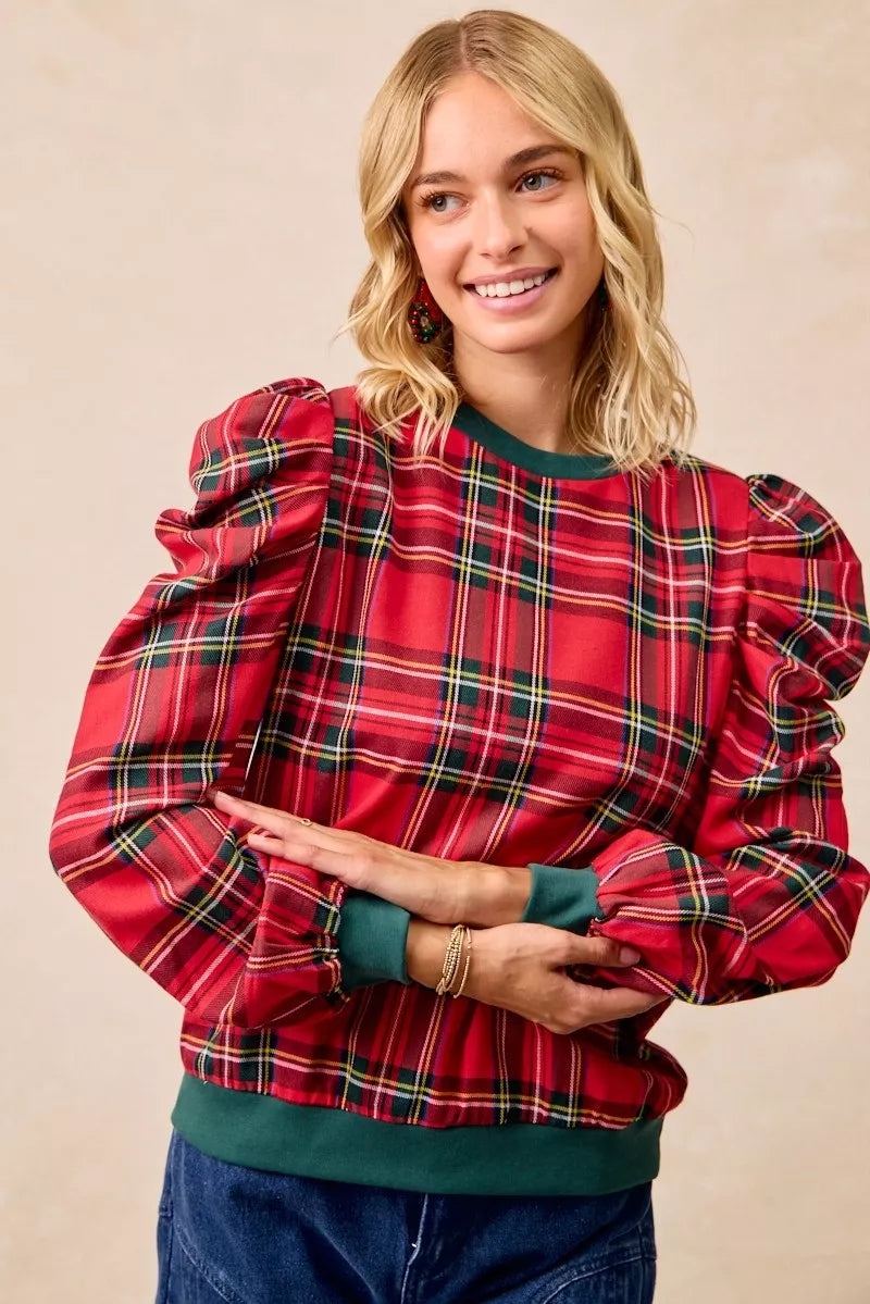 Christmas Plaid Exaggerated Shoulder Sleeves Top