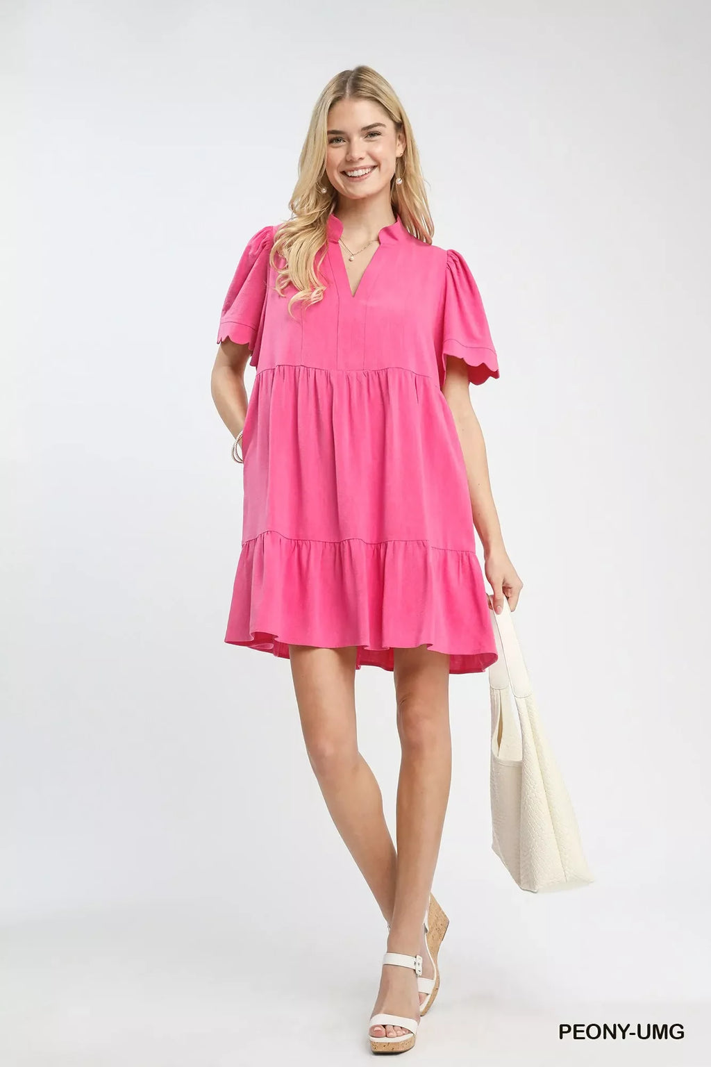 Linen Tiered Babydoll Dress with Scalloped Sleeves