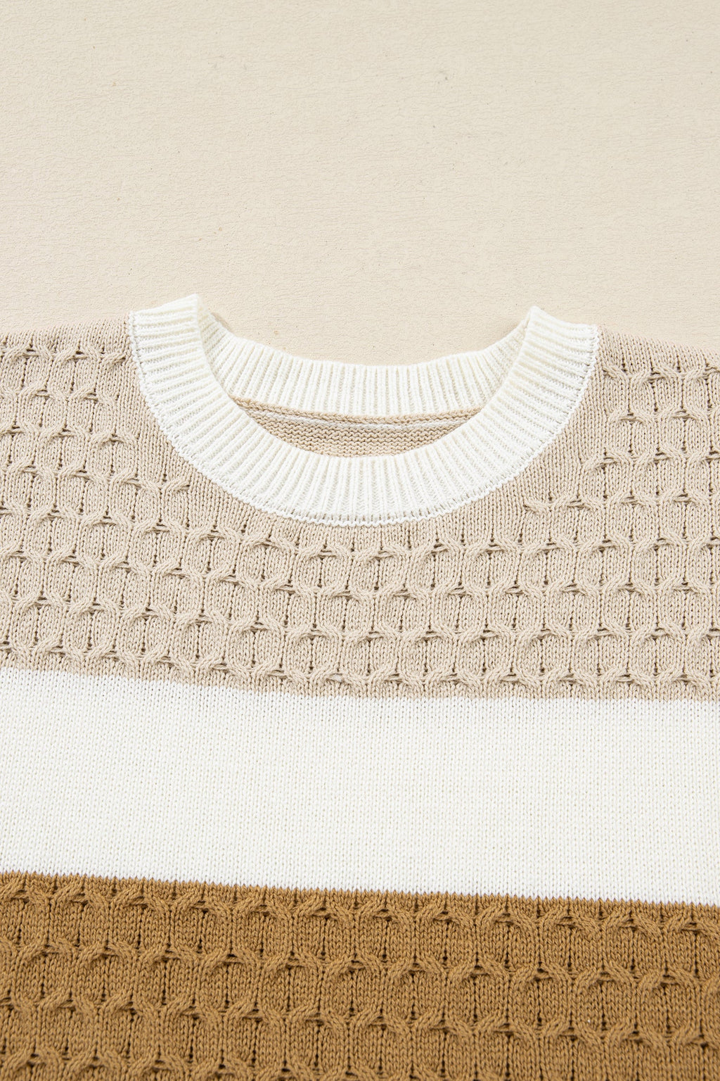 Brown Mixed Texture Knit Striped Color Block Loose Sweater