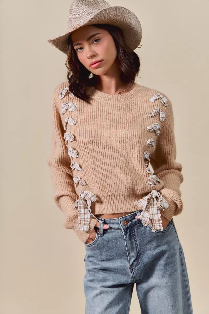 Checkered Plaid Tape Lace Up Ribbed Sweater