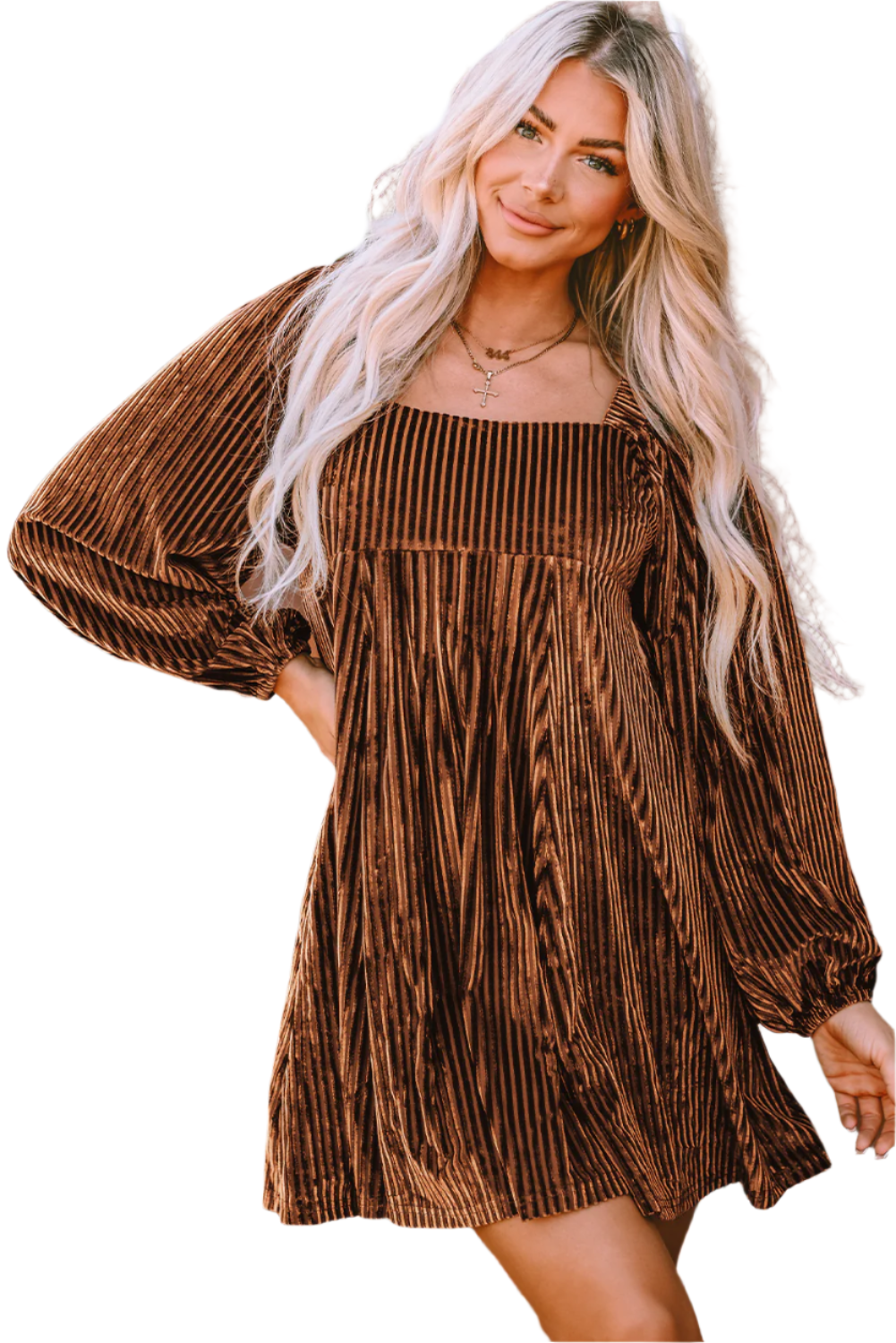 Brown Tie Back Square Neck Velvet Babydoll Dress