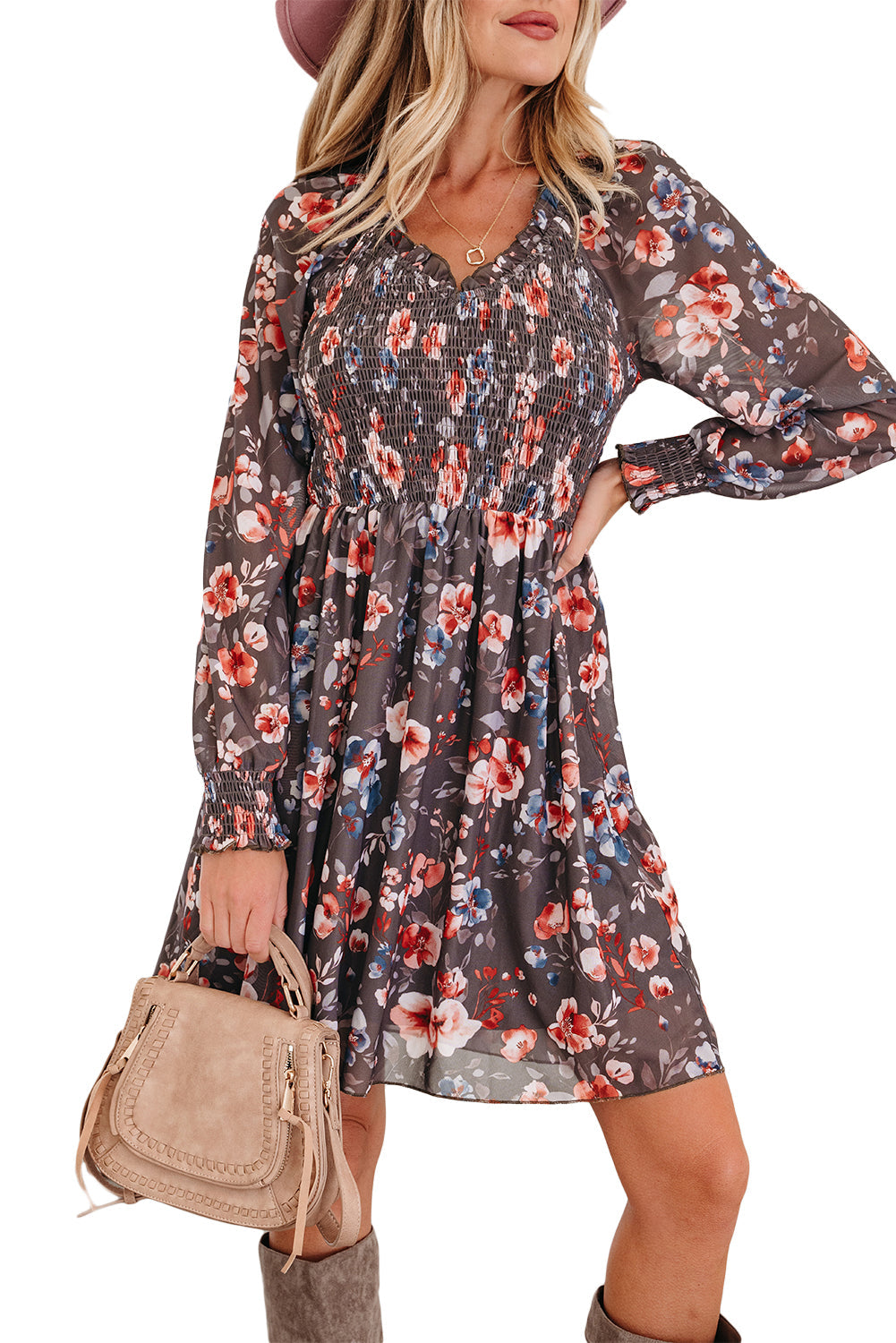 Brown Frilly Smocked Bodice Floral Mesh Long Sleeve Mini Dress