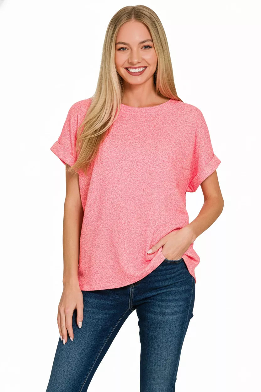 Soft Melange Hacci Short Sleeve Round Neck Top
