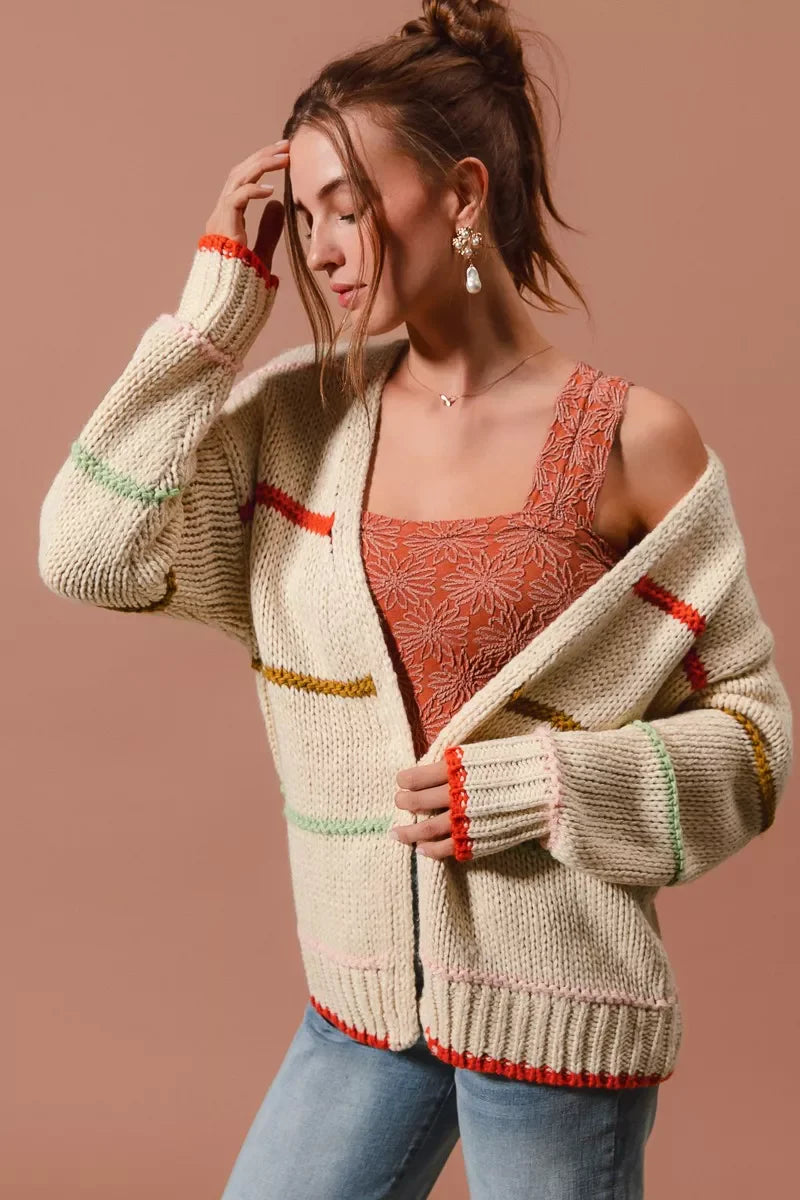 Loose Fit Multi Stripe Open Front Cardigan