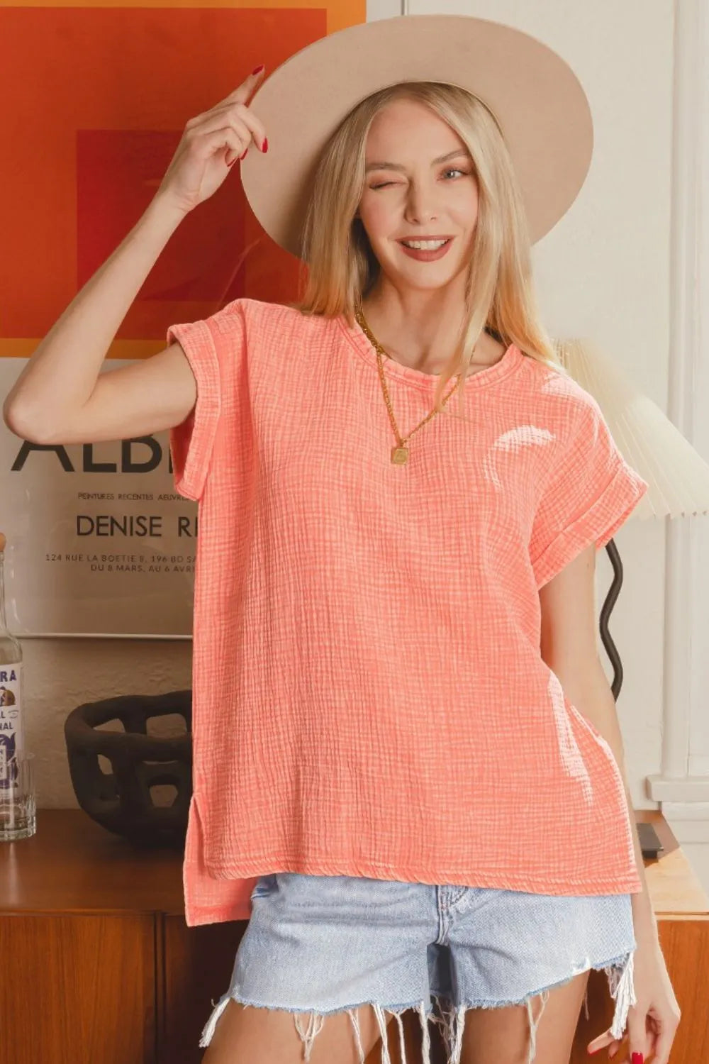 Woven Double Gauze Acid Washed Short Sleeve Top