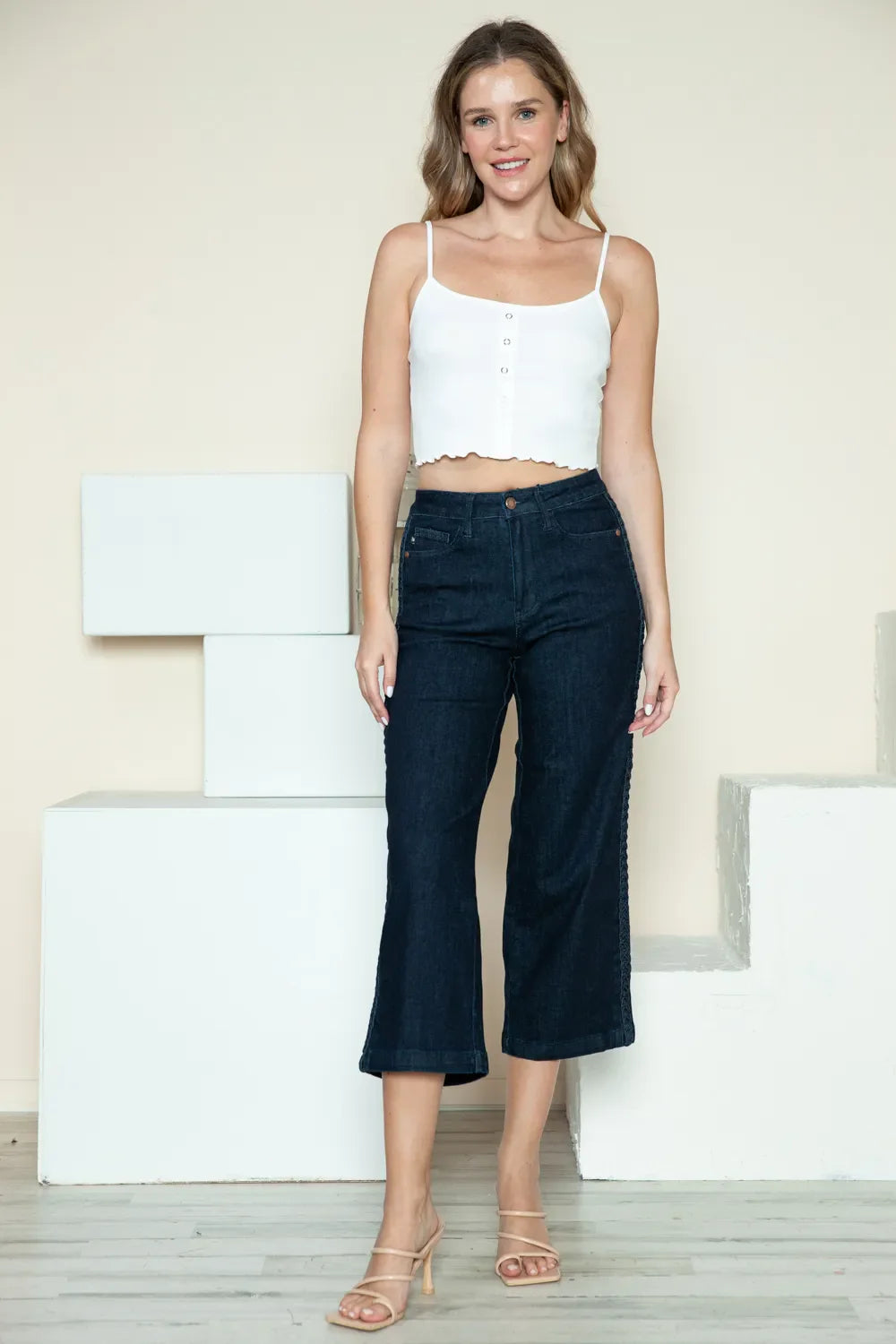 Full Size Side Seam Braid Detail Crop Wide Leg Jeans