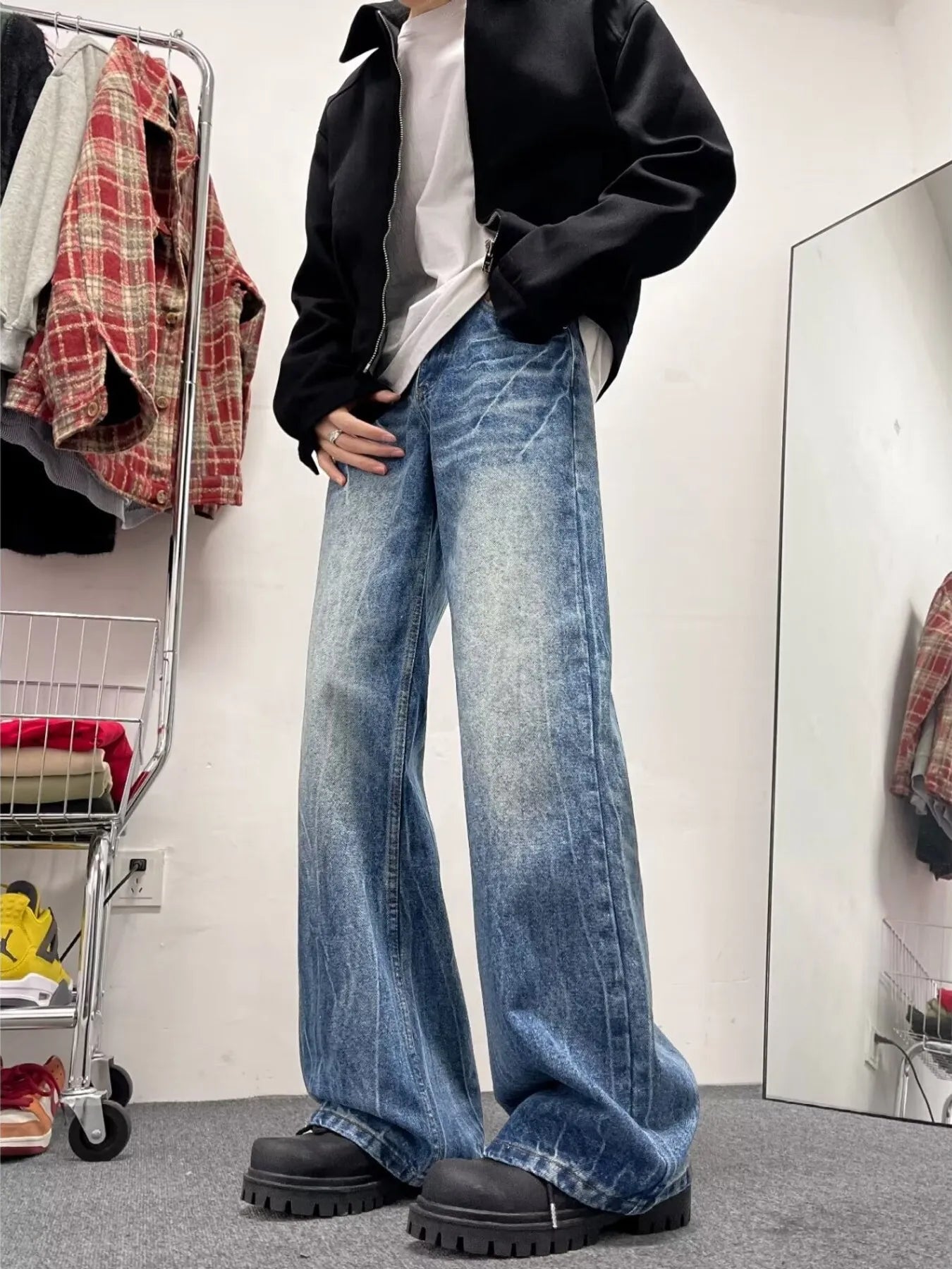 Men's Full Size Wash Wide Leg Jeans Plus Size