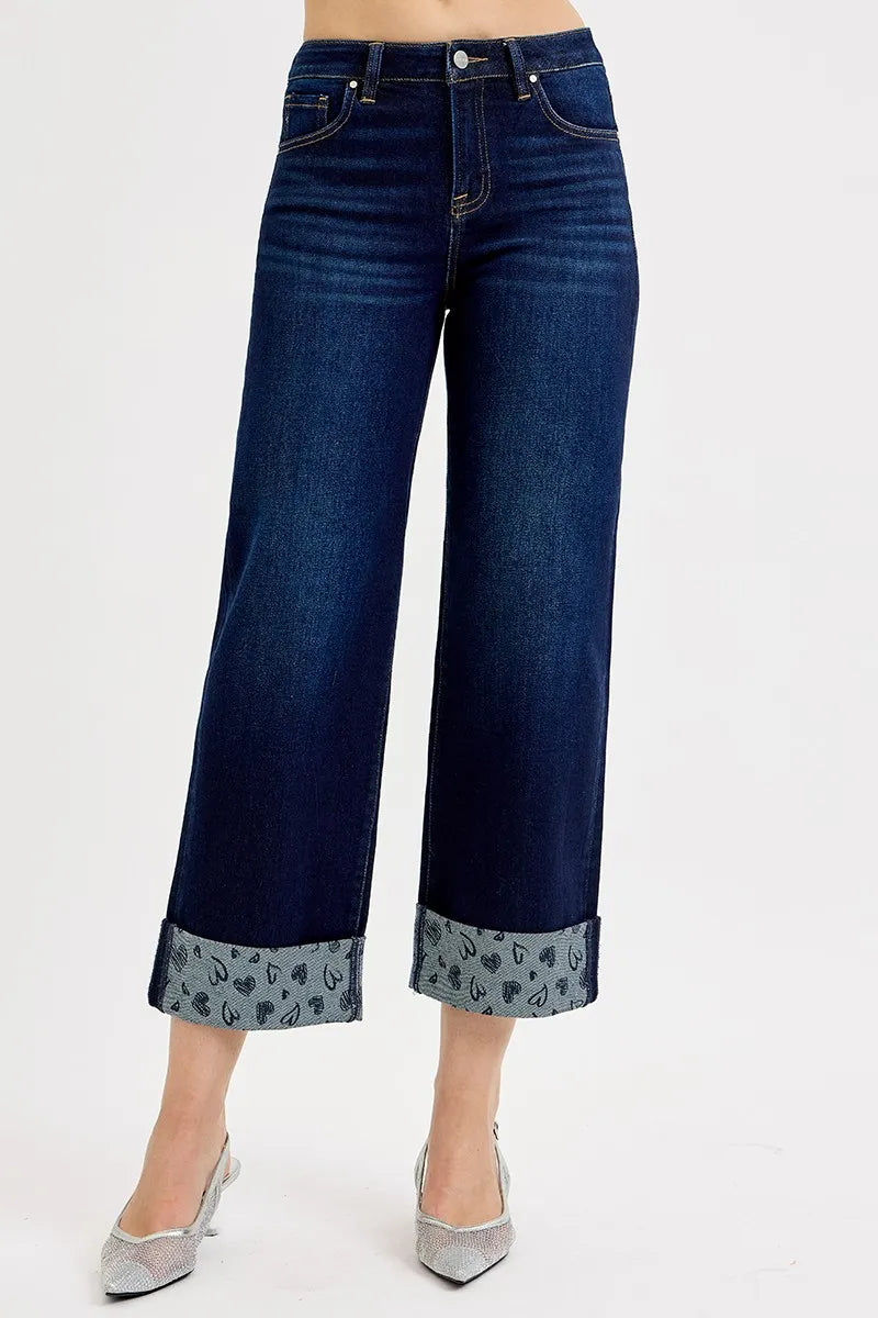 I am a Fashion Junky Full Size Mid Rise Fit Crop Wide With Printed Cuff Jeans Plus Size