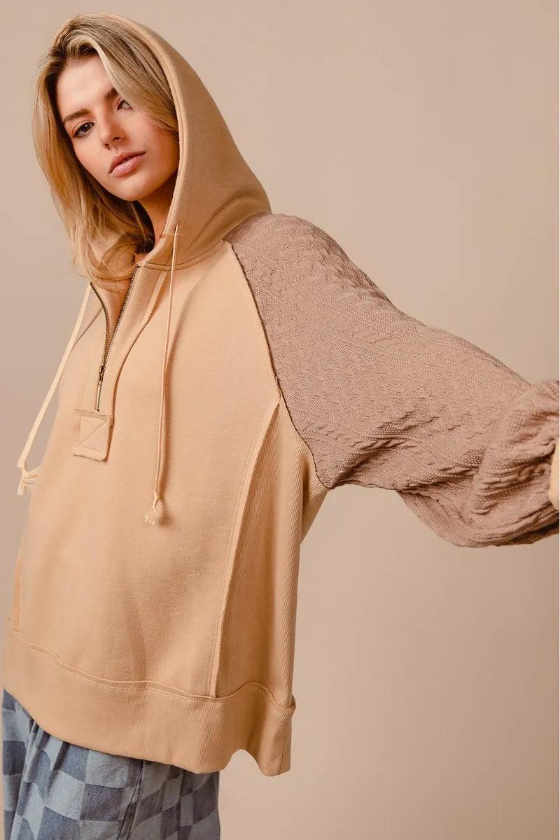 Half Zip French Terry Hoodie with Kint Sleeves