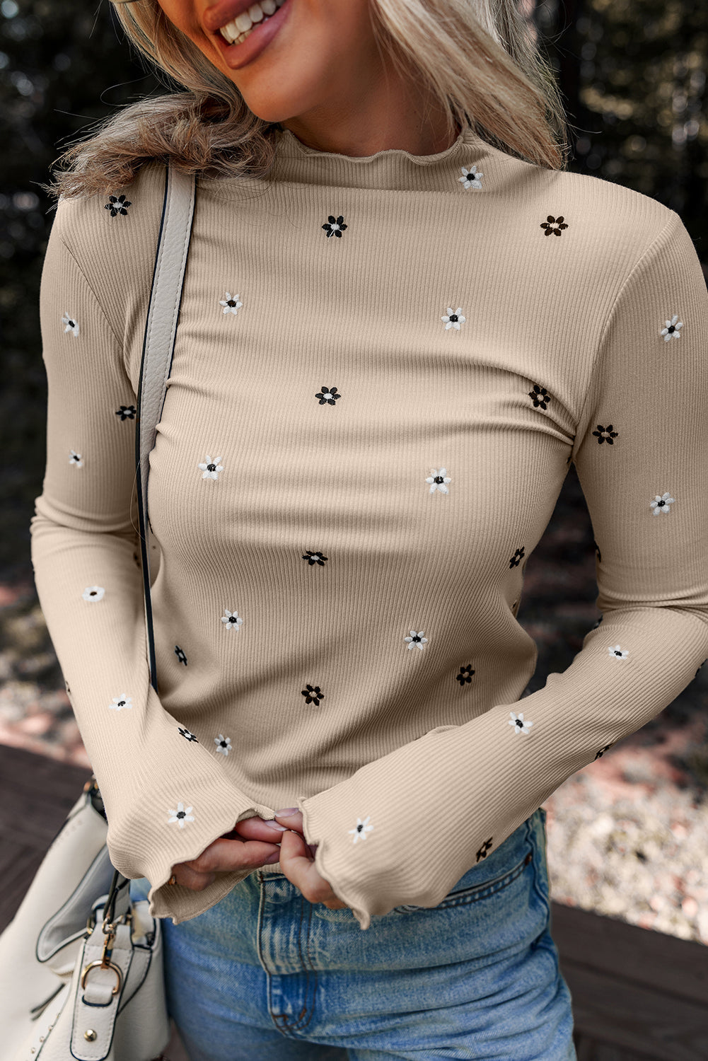 Jet Stream Floral Embroidered Detail Ribbed Long Sleeve Top