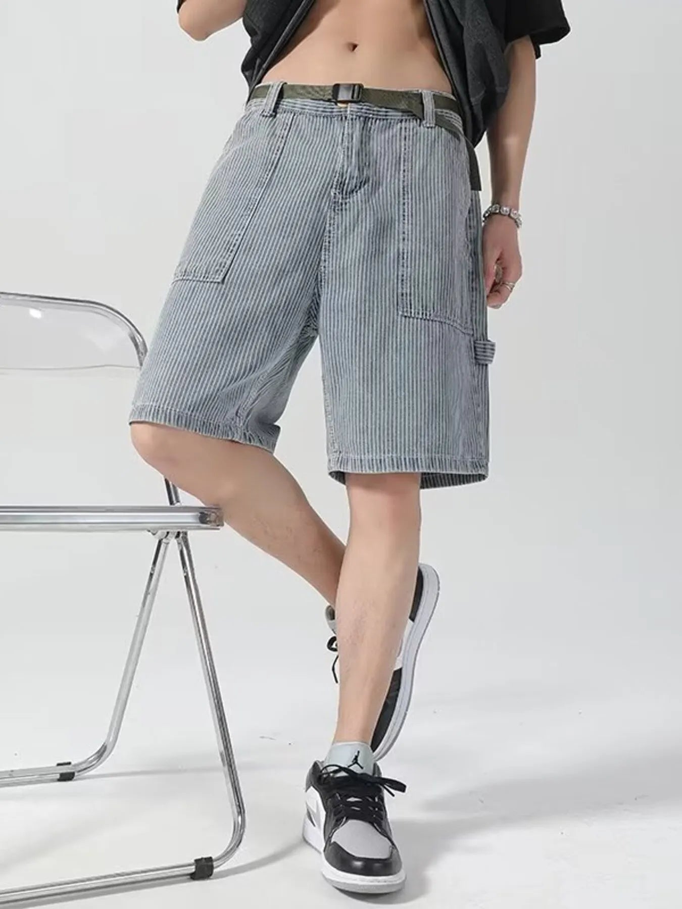 Men's Plus Size Striped Loose Fit Denim Shorts