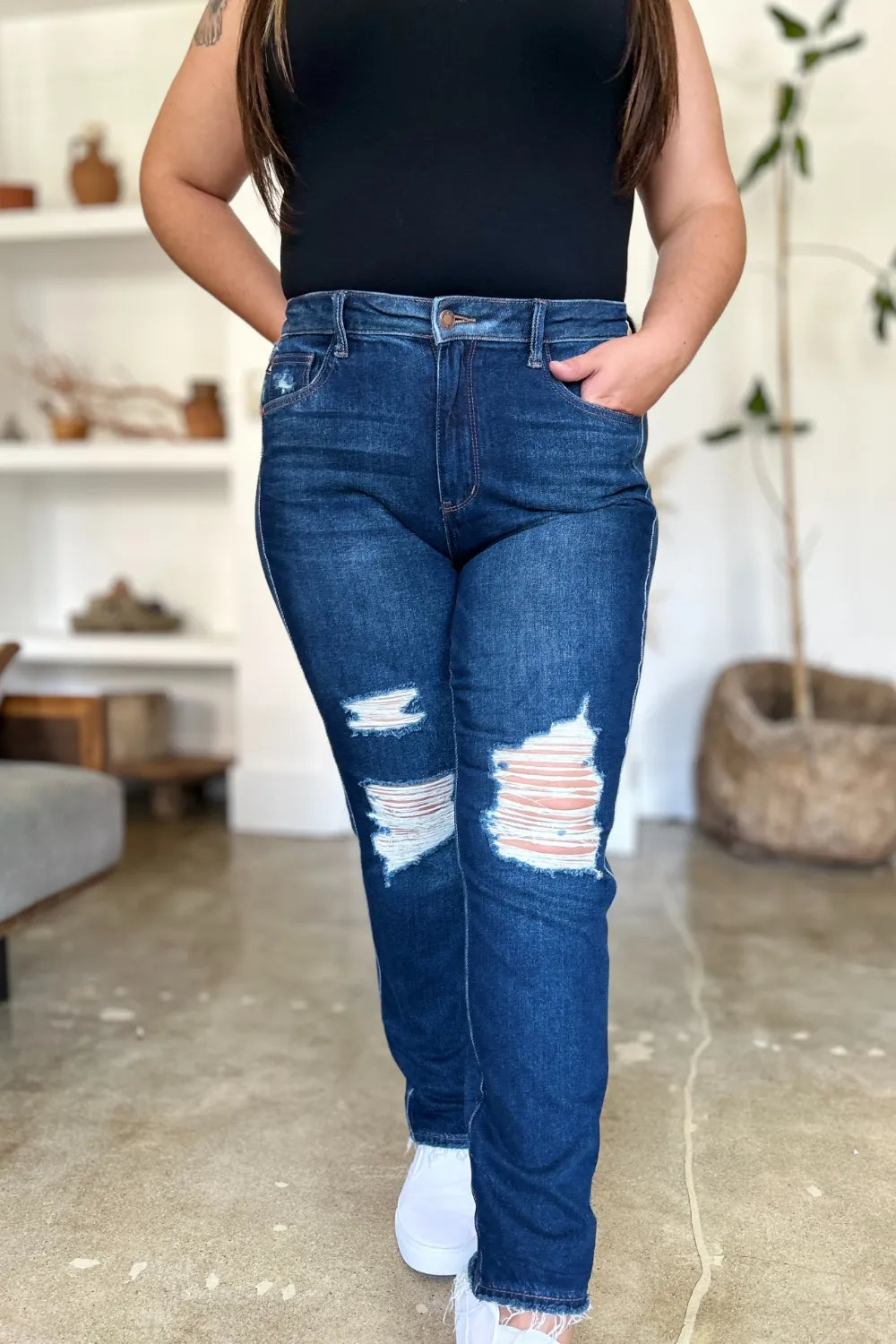Full Size High Waist Rigid Magic Heavy Destroy Straight Jeans