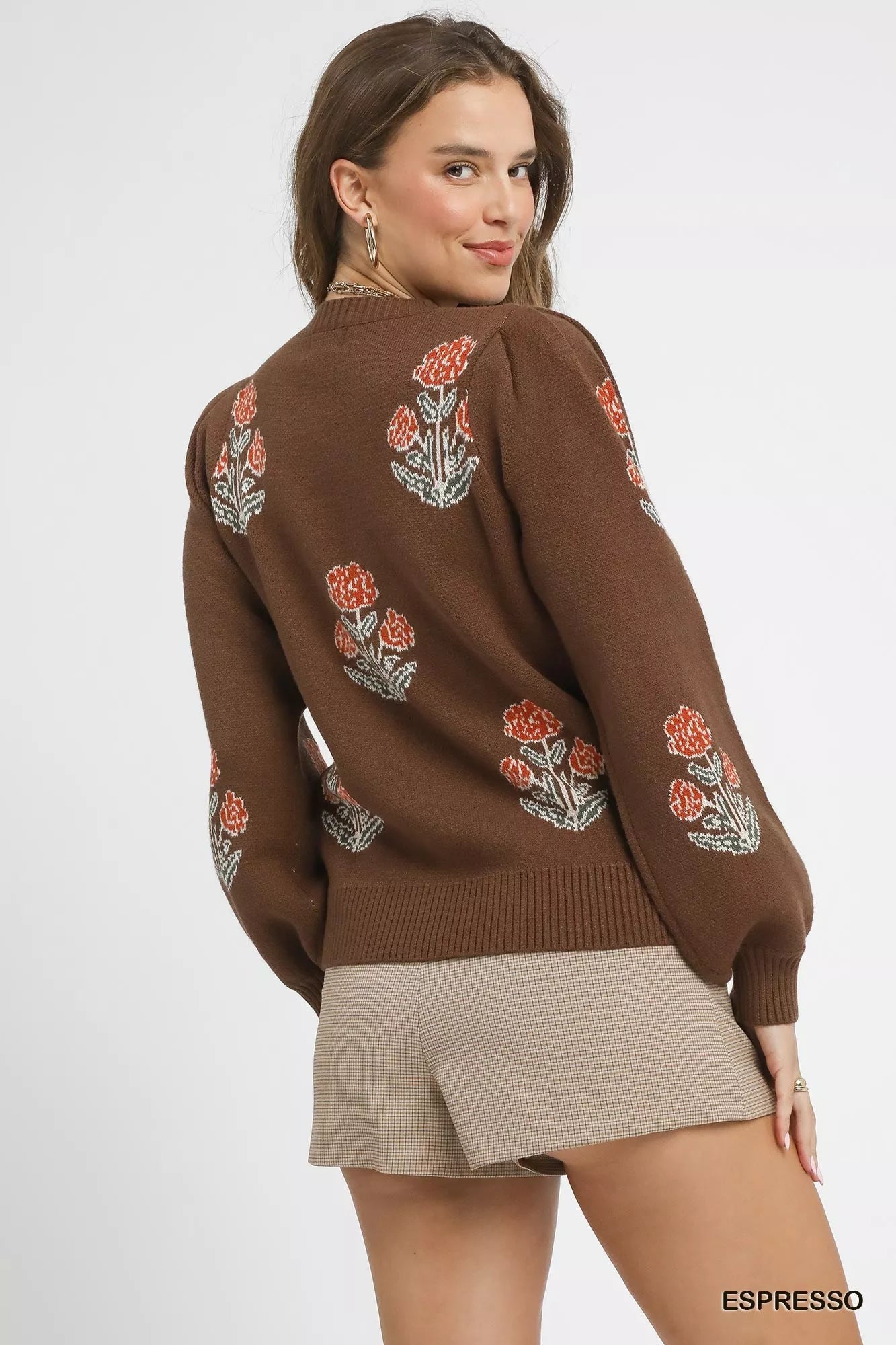 Floral Knit Sweater with Puff Sleeves