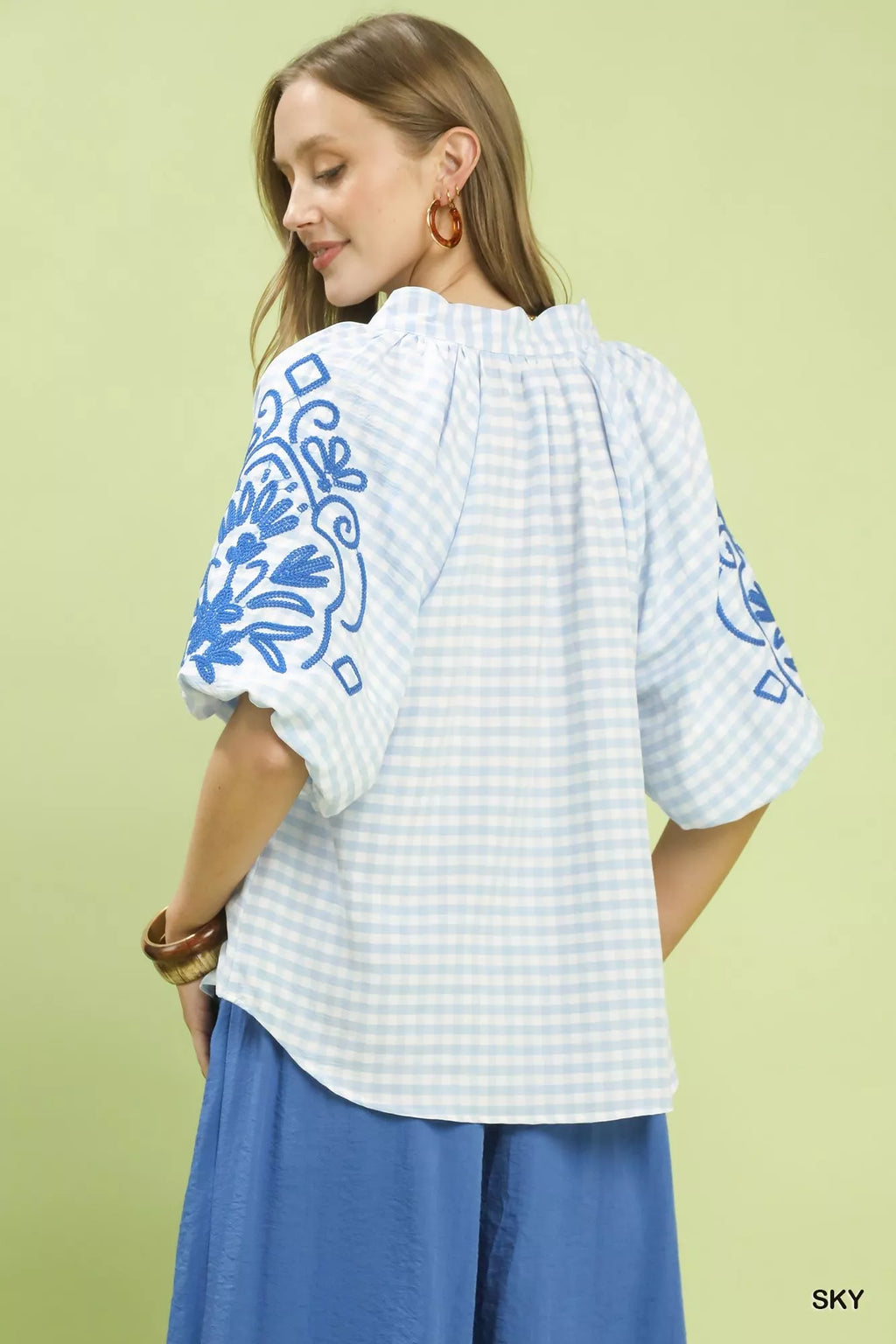 Gingham Embroidered Balloon Sleeve Top
