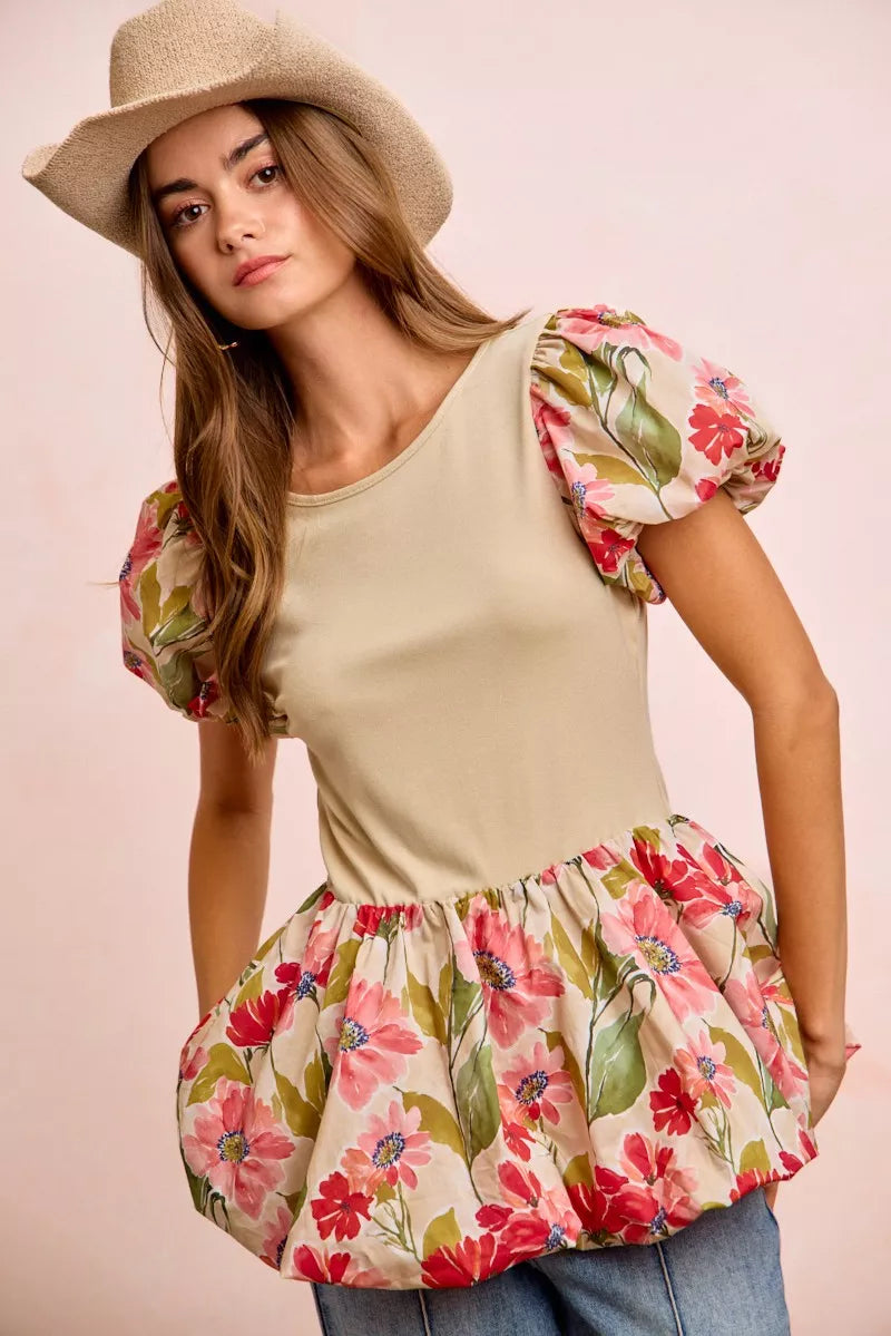 Floral Printed Bubble Sleeves and Hem Peplum Top